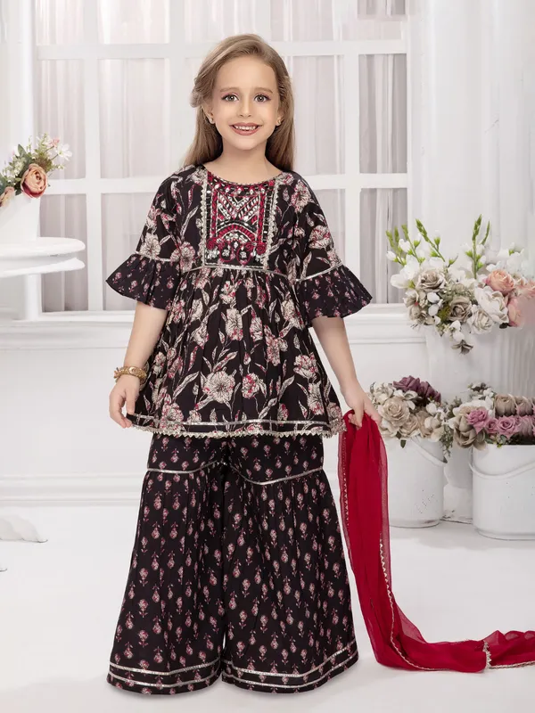 Printed black cotton sharara salwar suit