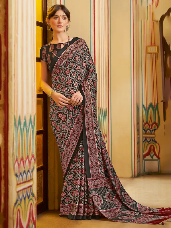 Printed black japan silk saree