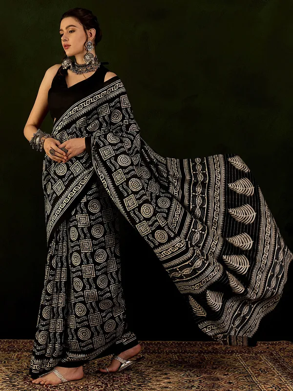 Printed black saree in bhagalpuri silk