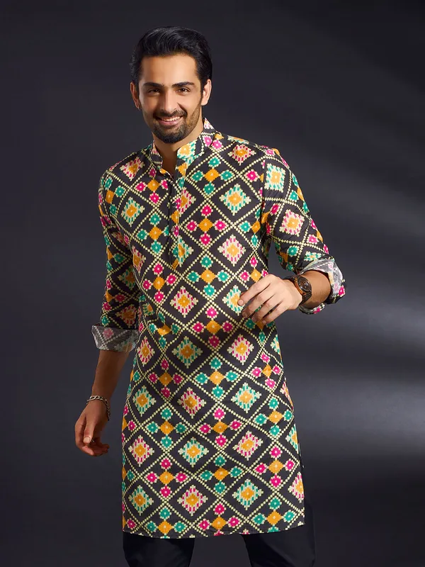 Printed black silk kurta for festive
