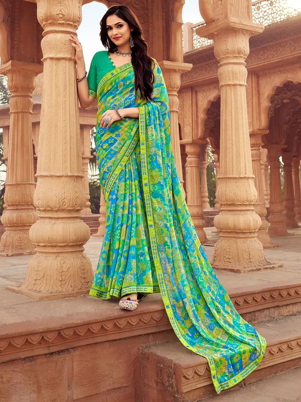 Printed blue and green chiffon saree