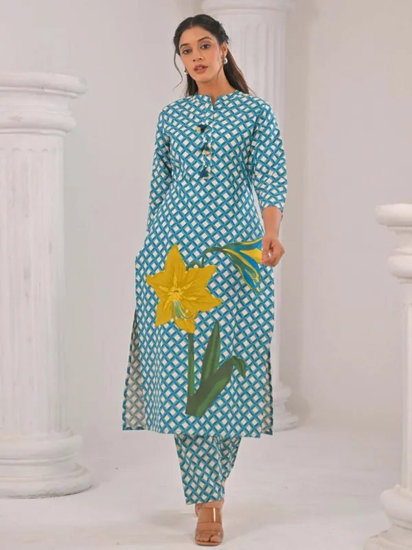 Printed blue cotton silk kurti set