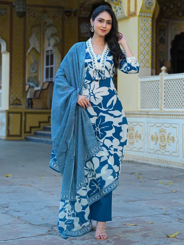 Printed blue festive cotton silk kurti set