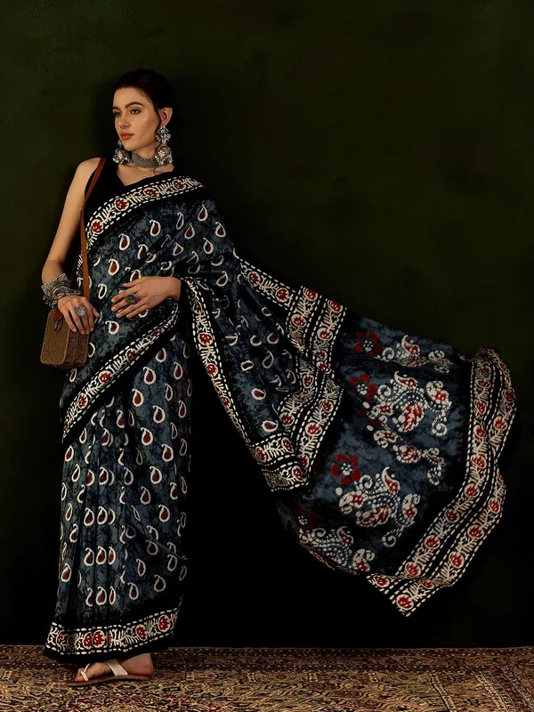 Printed blue saree in bhagalpuri silk