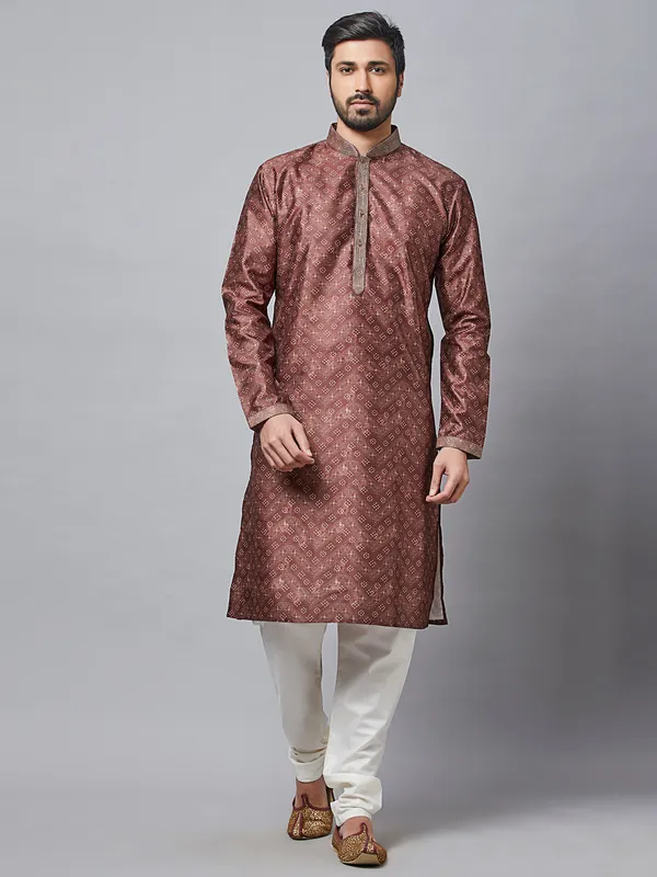 Printed brown colour men cotton silk kurta suit