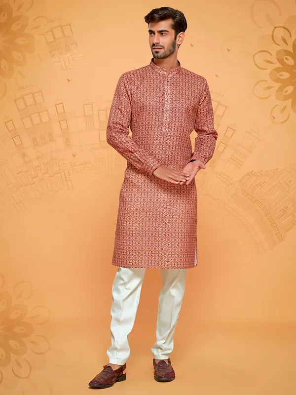 Printed brown cotton kurta suit for men