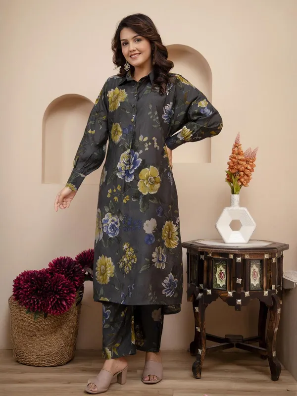 Printed charcoal grey silk kurti set