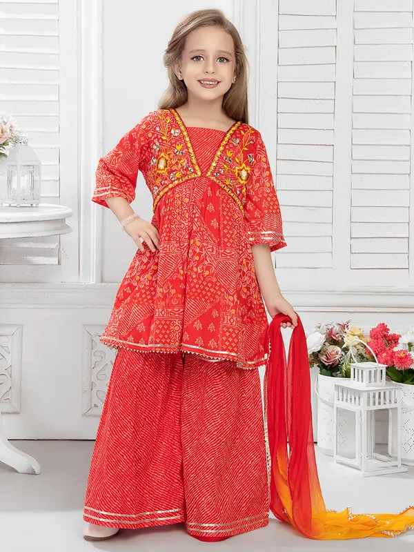Printed cotton red sharara set