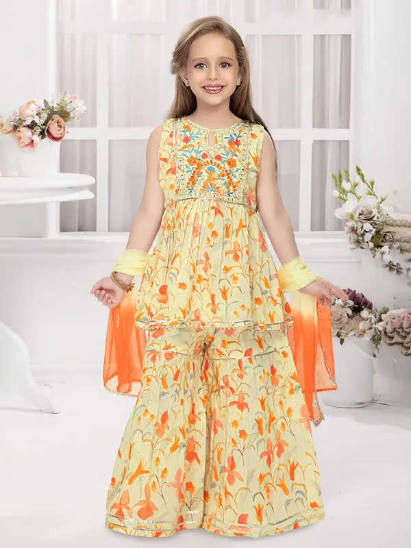 Printed cotton sharara salwar suit in light yellow