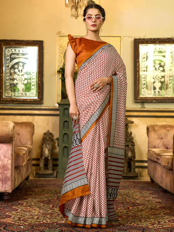 Printed cream  bhagalpuri silk saree