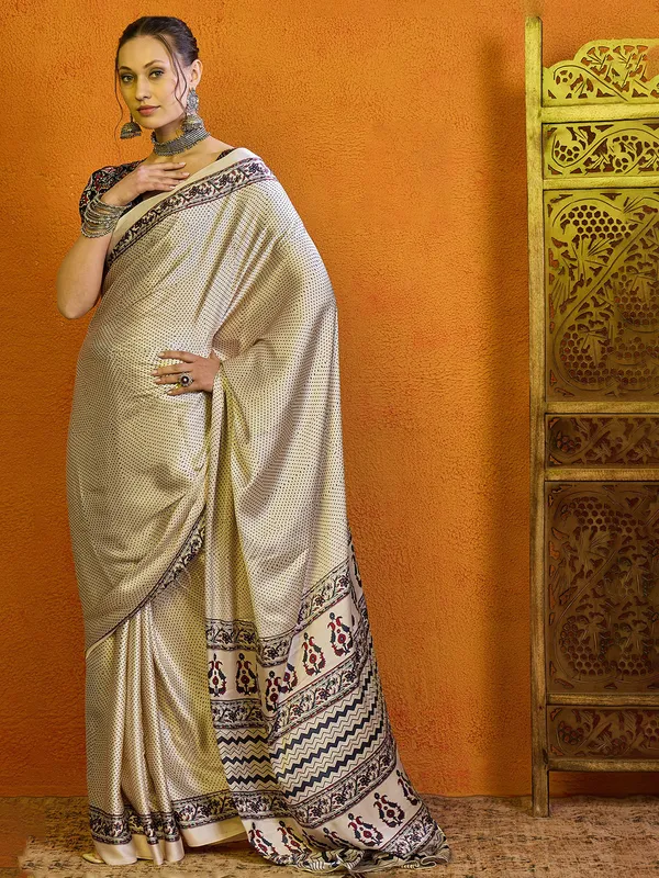 Printed cream bhagalpuri silk saree