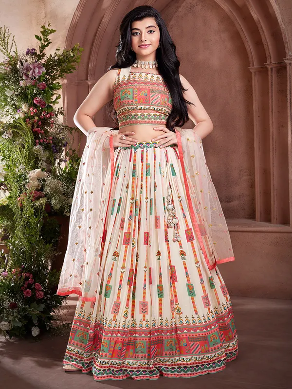 Printed cream silk lehenga choli for wedding