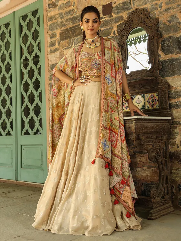 Printed cream silk palazzo suit with shrug