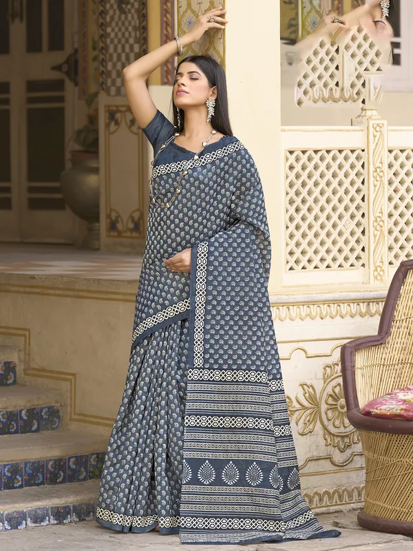 Printed dark grey saree in bhagalpuri silk