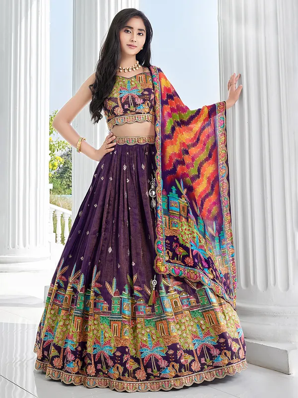 Printed dark purple silk lehenga choli
