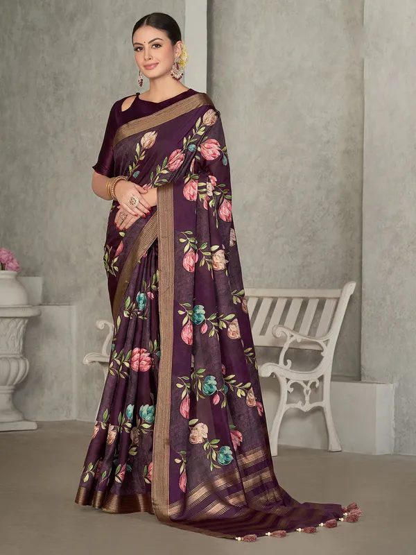 Printed dark purple tussur silk saree