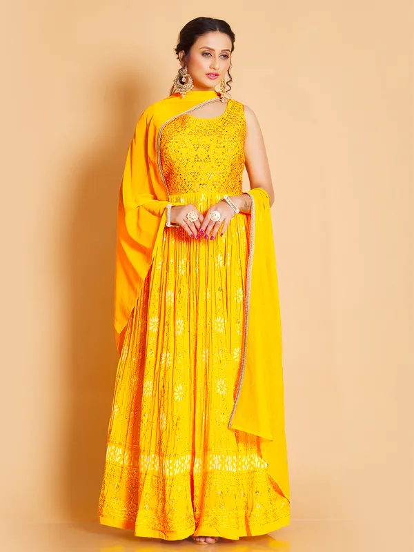 Printed georgette anarkali suit n yellow