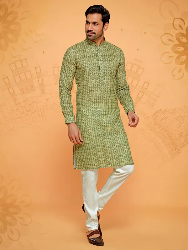 Printed green cotton kurta suit for men for festival