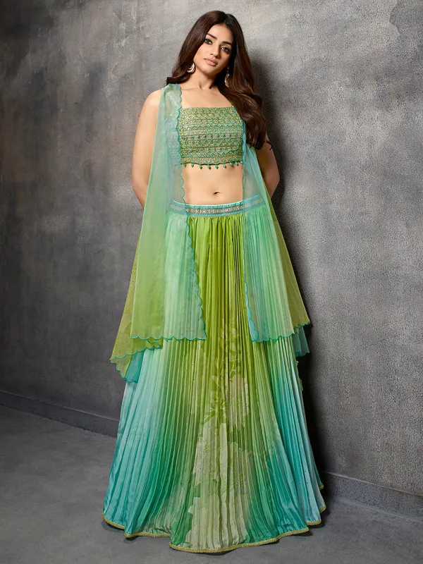 Printed green lehenga choli in silk