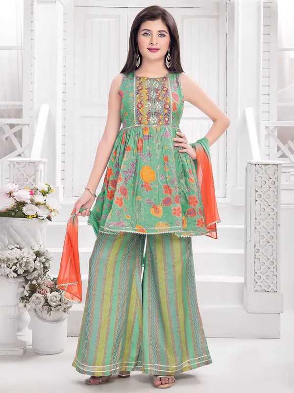 Printed green palazzo suit in cotton silk