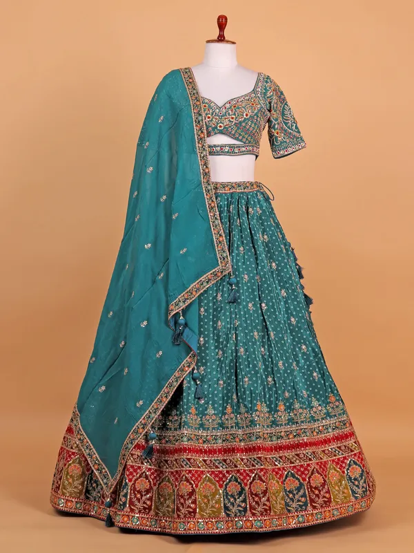 Printed green silk lehenga choli for women