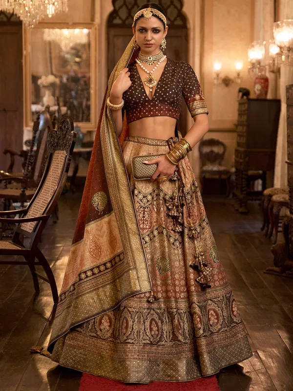 Printed lehenga choli in peach and brown