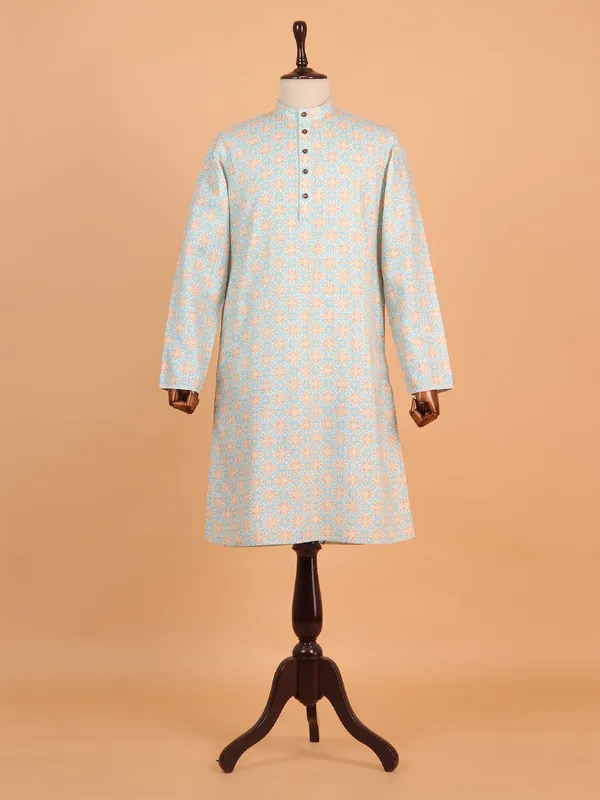 Printed light blue cotton kurta suit for men