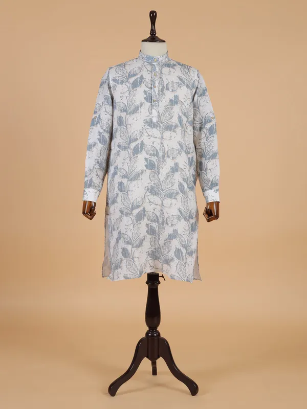 Printed light grey cotton kurta set for men