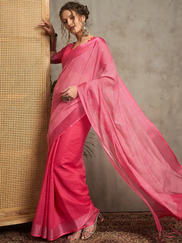 Printed magenta pure linen saree