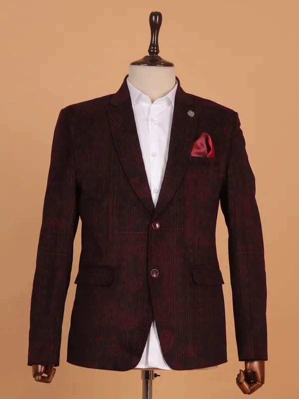 Printed maroon cotton blazer for men