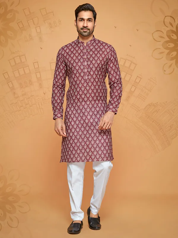 Printed maroon cotton kurta suit for men for festival