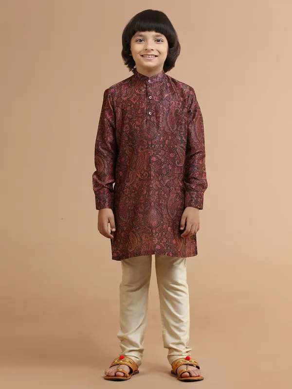 Printed maroon silk kurta suit