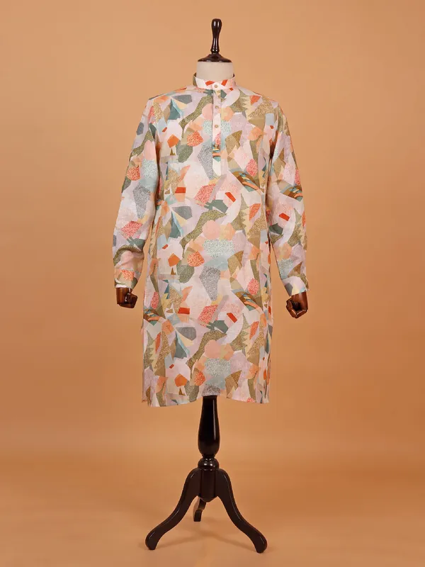 Printed multi color cotton kurta set for men