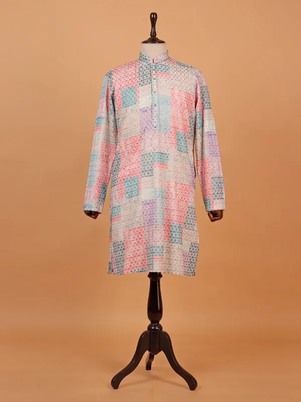 Printed multi color silk festive style kurta set