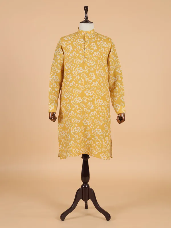 Printed mustard yellow cotton kurta set for men