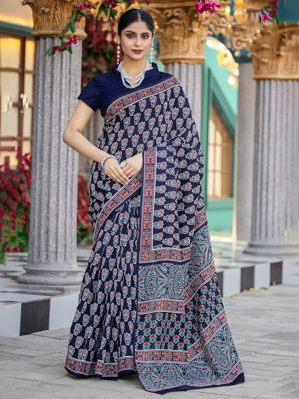 Printed navy bhagalpuri silk saree