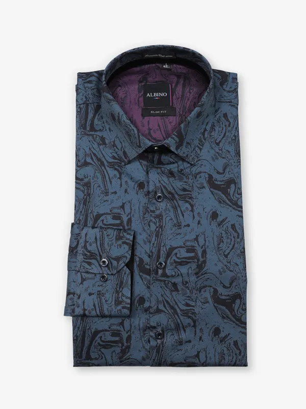 Printed navy blue cotton party shirt for men
