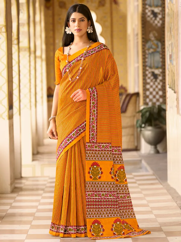 Printed orange saree in bhagalpuri silk