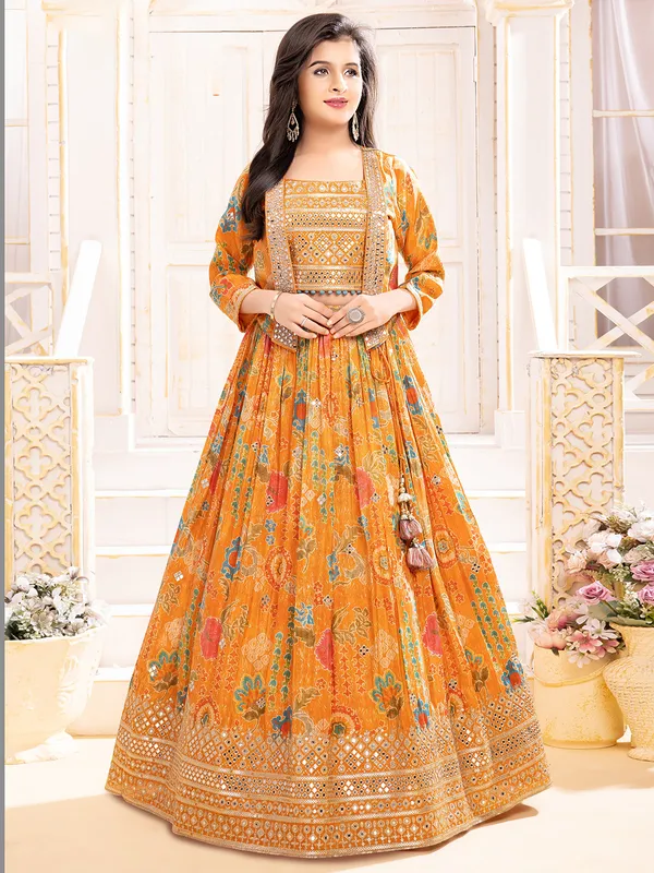 Printed orange silk lehenga choli for girls
