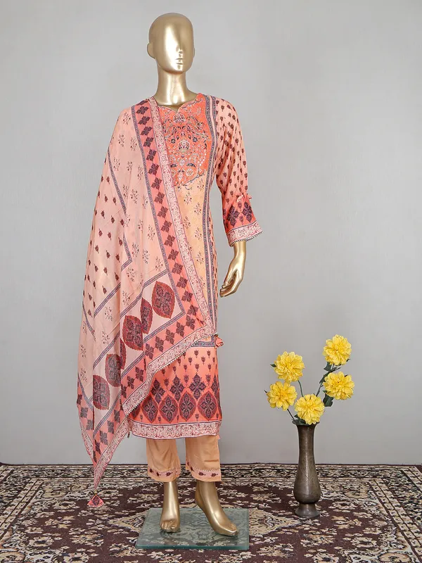 Printed peach cotton pant suit for festive wear
