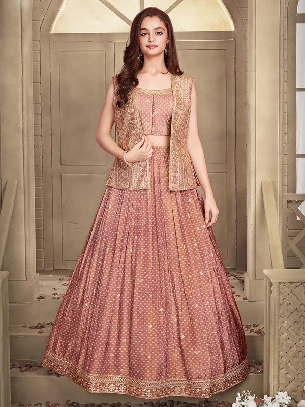 Printed peach silk lehenga choli with jacket
