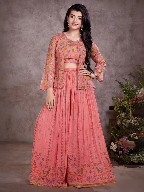 Printed peach silk palazzo suit
