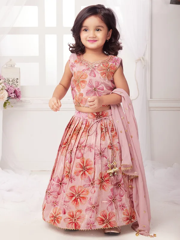 Printed pink lehenga choli in silk