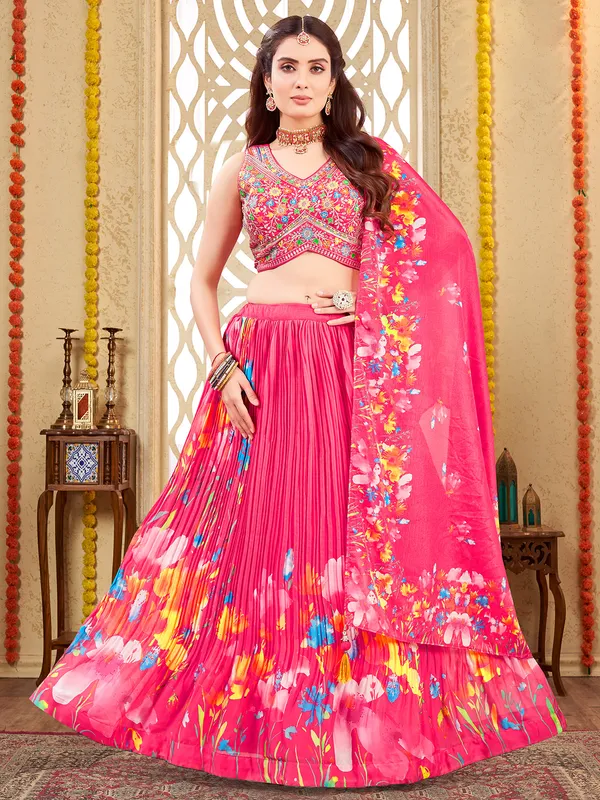 Printed pink silk lehenga choli