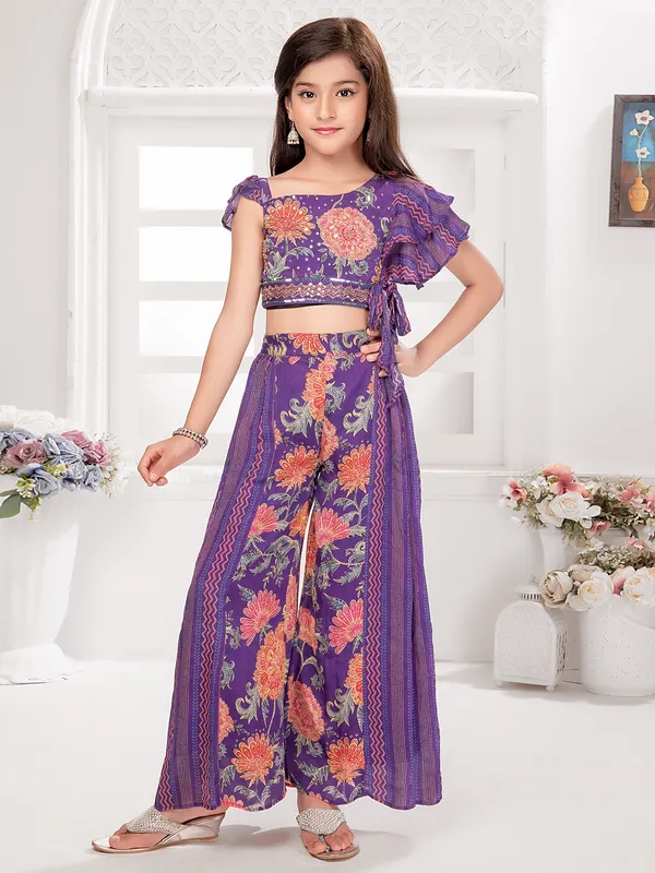 Printed purple georgette crop top with palazzo