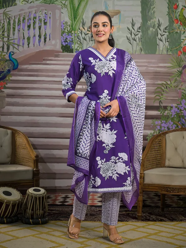 Printed purple printed silk kurti set