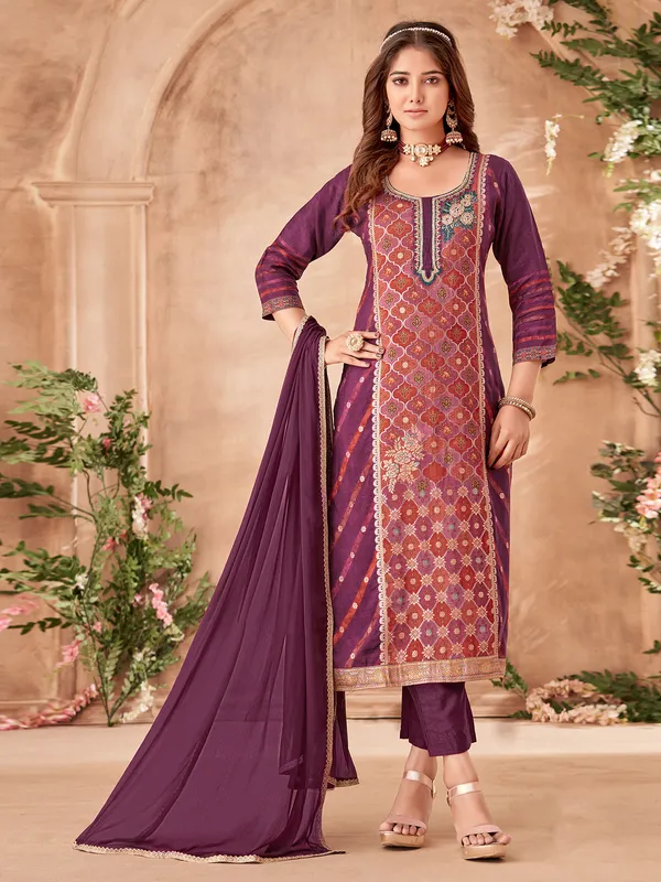 Printed purple salwar suit in silk