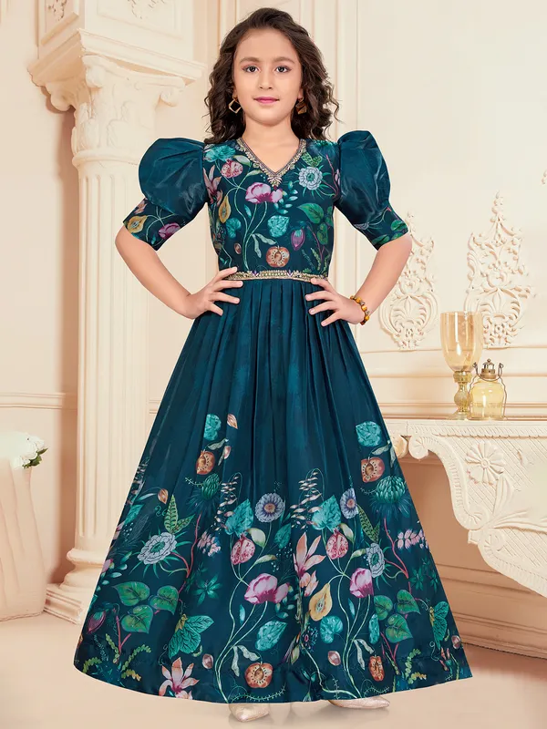 Printed rama blue gown for festive