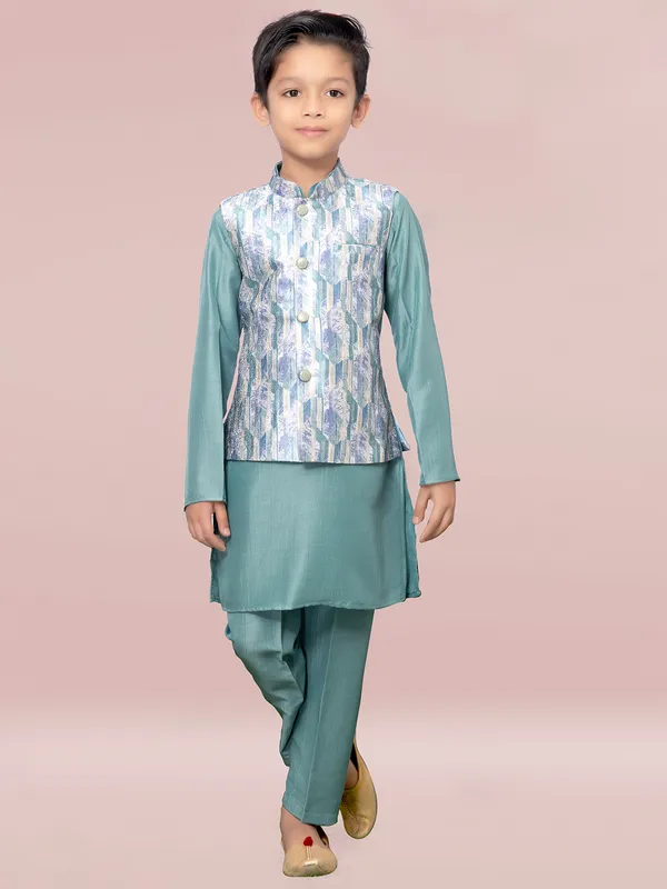 Printed rama green silk boys waitcoat set