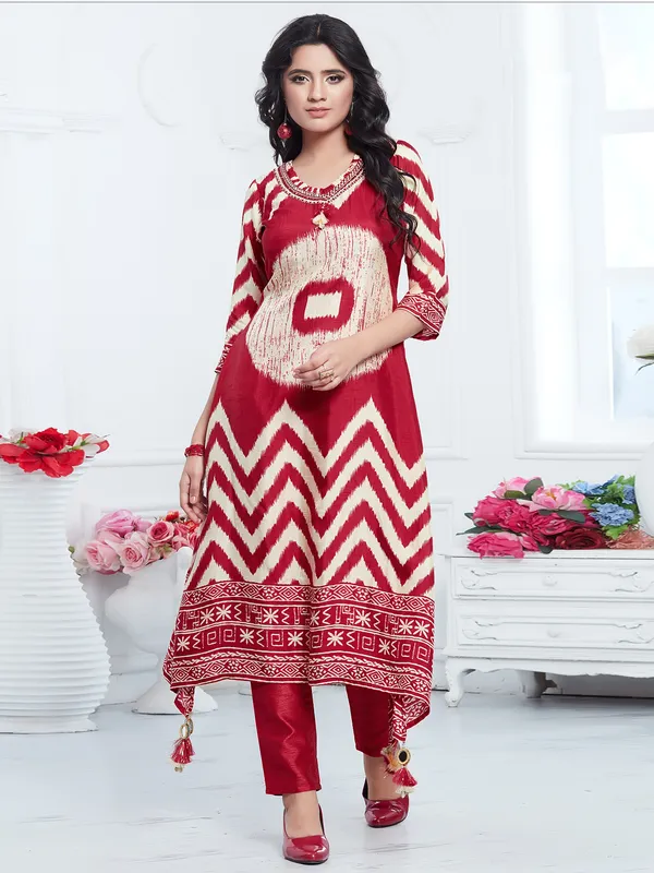 Printed red dola silk kurti